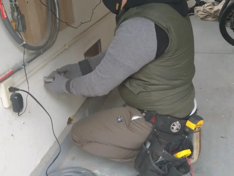 Electrician performing outlet wiring in a Altamont garage